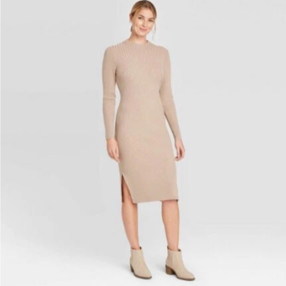 Prologue Tan Ribbed Bodycon Dress with Slit